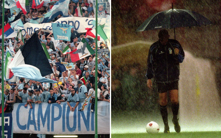L'arbitro Collina verifica il campo di gioco sotto il diluvio di Perugia, gli umbri consegnano lo Scudetto alla Lazio